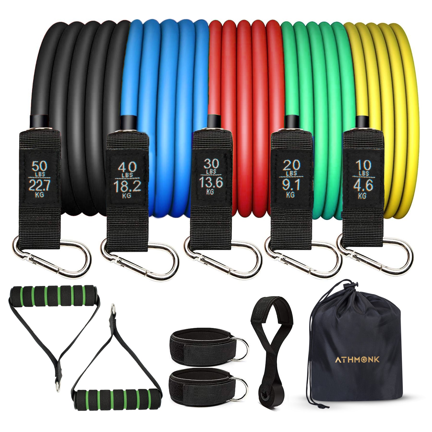 Athmonk Resistance Tube Band Set of 11 pcs - Resistance Bands for Men Women - with Toning Tubes, Door Anchor, Foam Handles, Ankle Straps, Workout Guide - 150 lbs